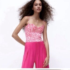 ZARA NWT Barbie Pink Tones Printed Corset Bodysuit Sweetheart Neck Size XL
